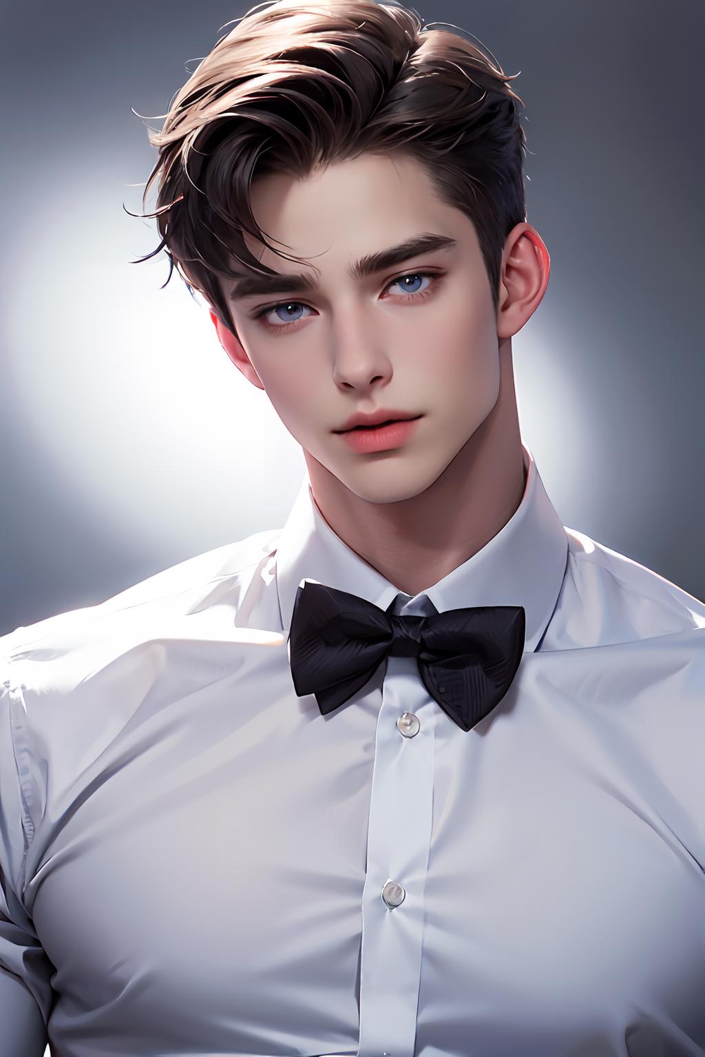 Arafed image of a man in a white shirt and bow tie - SeaArt AI