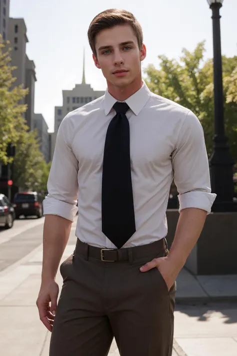tyson_dayley <lora:tyson_dayley-08:0.75> wearing a fitted white button-up shirt with black tie, khaki pants and dress shoes, dressed as mormon missionary, salt lake city utah, epiCPhoto