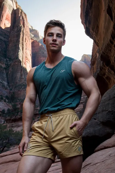 tyson_dayley <lora:tyson_dayley-08:0.75> wearing a fitted sleeveless hiking shirt and shorts, natural lighting, golden hour, posing in zion national park, towering cliffs, lush canyons, winding virgin river, picturesque and serene setting, dramatic landscape, sense of adventure, Realistic, photo, ultra quality, elegant, highly detailed, photograph