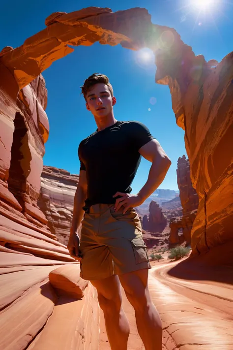 tyson_dayley <lora:tyson_dayley-08:0.75> wearing a fitted hiking shirt and shorts, hiking in Utah desert, natural lighting, golden hour, Arches National Park, sandstone arches, breathtaking backdrop, red rock formations and arches