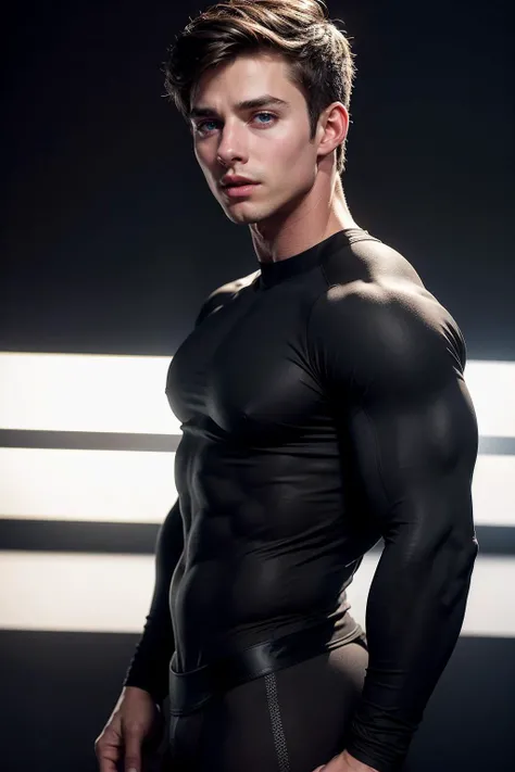 closeup photo of tyson_dayley <lora:tyson_dayley-08:0.75> wearing a fitted black compression shirt, plain matte black backdrop, soft directional lighting, even lighting, intense powerful mood