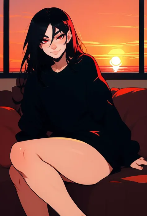 score_9, score_8_up, score_7_up, score_6_up, score_5_up, androgynous, red eyes, freckles, looking at viewer, thighs, sitting, oversized black sweater, indoors, seductive smile, on side, black hair, long hair, colored strand of hair, <lora:NoctFlatStyle:1>, <lora:IlyaKuvshinovXL:0.8>, sunset, curvy