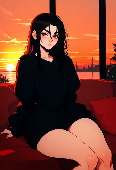 score_9, score_8_up, score_7_up, score_6_up, score_5_up, androgynous, red eyes, freckles, looking at viewer, thighs, sitting, oversized black sweater, indoors, seductive smile, black hair, long hair, colored strand of hair, <lora:NoctFlatStyle:1>, <lora:IlyaKuvshinovXL:0.8>, sunset, curvy