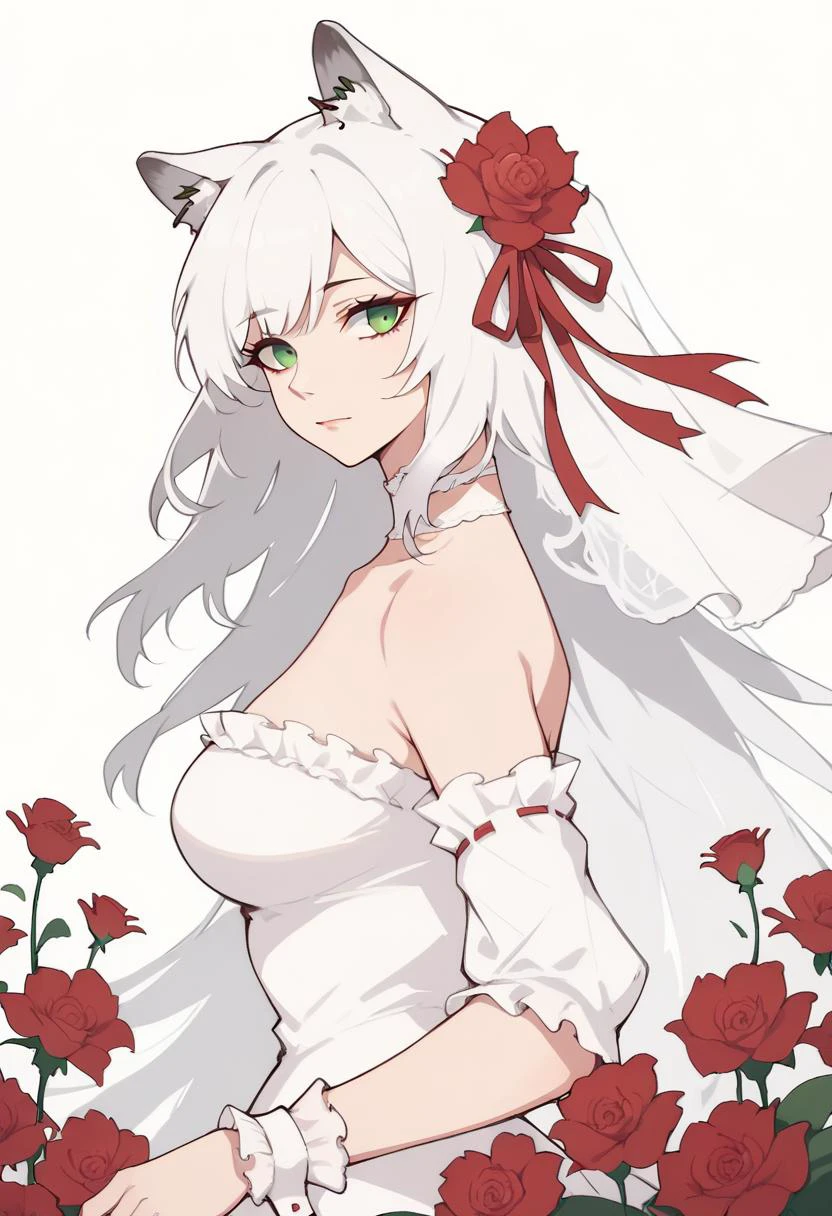 score_8_up,
kal'tsit (arknights), solo, breasts, animal ears, green eyes,short hair, white hair, bangs,dress,white dress,white background,hair ornament,flower,simple background,looking at viewer,breasts,hair flower,red flower,red ribbon,white veil,bare shoulders,choker,ribbon,medium breasts,bangs,alternate costume,from side,rose,upper body,strapless,very long hair,hair ribbon,red rose,closed mouth,wrist cuffs,strapless dress,looking to the side,sidelocks,detached sleeves,white choker,frills,
<lora:NoctFlatStyleV2-pony:1>