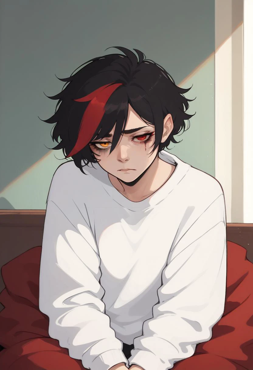 score_8_up,
lounge room, 1girl, short black hair, single red streak in hair, bang on the left side of the face, black and red eyes, tired eyes, heterochromia
<lora:NoctFlatStyleV2:1>
