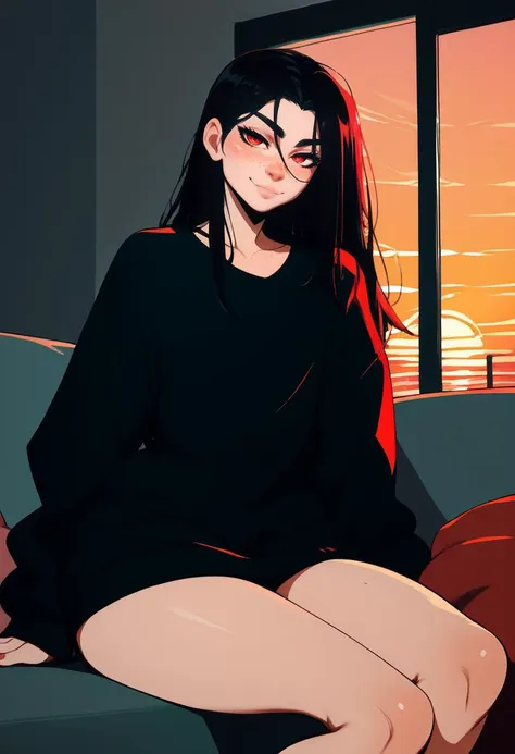 score_9, score_8_up, score_7_up, score_6_up, score_5_up, androgynous, red eyes, freckles, looking at viewer, thighs, sitting, oversized black sweater, indoors, seductive smile, on side, black hair, long hair, colored strand of hair, <lora:NoctFlatStyle:1>, <lora:IlyaKuvshinovXL:0.8>, sunset