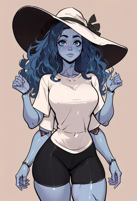 score_9, score_8_up, score_7_up, 1girl, IncrsXLRanni, wavy hair, cracked skin, blue skin, colored skin, extra arms, extra faces, doll joints, witch hat, facing viewer, shiny skin, curvy, smiles, pleased, <lora:officialpit_v2-8:1>, <lora:princess_xl_v2:0.8>, <lora:NoctFlatStyle:0.8>, white t-shirt, black shorts