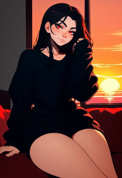 score_9, score_8_up, score_7_up, score_6_up, score_5_up, androgynous, red eyes, freckles, looking at viewer, thighs, sitting, oversized black sweater, indoors, seductive smile, on side, black hair, long hair, colored strand of hair, <lora:NoctFlatStyle:1>, <lora:IlyaKuvshinovXL:0.8>, sunset, curvy