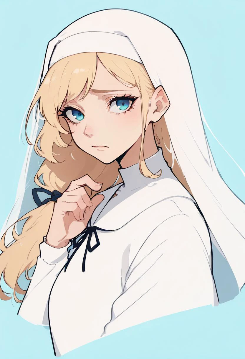 score_8_up,
1girl, solo,
nun, looking at viewer, long hair, blue background, blue eyes, blonde hair, side ponytail, sad, closed mouth, , tokyo-3 uniform, hand up, bangs, upper body, hair ribbon, white veil,white dress,
<lora:NoctFlatStyleV2-pony:1>