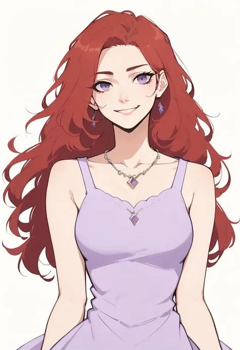 1girl, 
score_8_up, purple dress, bare shoulders, necklace, purple eyes, looking at viewer, long hair, sleeveless dress, red hair, solo, simple background, white background, dress, sleeveless, jewelry, smile, collarbone
 <lora:NoctFlatStyleV2-pony:1>