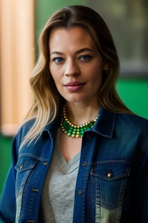 Realistic photo of a beautiful j3r1r-v1 woman, 1girl, solo, long hair, looking at viewer, smile, blue eyes, blonde hair, simple background, shirt, jewelry, necklace, lips, plaid, portrait, freckles, green background, realistic, nose, plaid shirt, denim jacket, soft lighting, professional Photography, Photorealistic, detailed, RAW, analog, sharp focus, 8k, HD, DSLR, high quality, Fujifilm XT3, film grain, award winning, masterpiece<lora:j3r1r-v1:1.0>