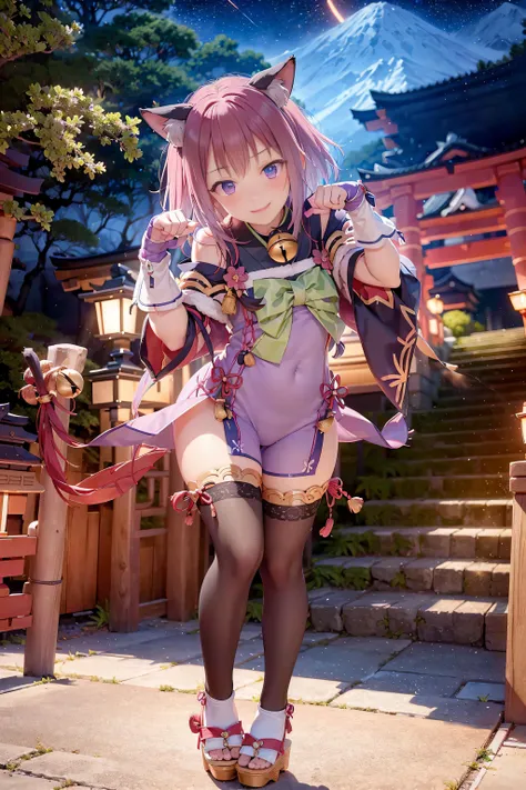 (8k, masterpiece:1.21), (best quality:1.21), {an extremely delicate and beautiful}, (realistic, photo-realistic:1.3),(ultra detailed), high res,HDR, cinematic lighting, highly detailed background, perspective, bokeh, depth of field, ray tracing,
1girl, solo, cute, realistic skin texture, ((light on face)), (focus on face), (sharp focus), (nose blush), (beautiful detailed face:1.2), (blush:1.3), (beautiful perfect eyes), perfect skin,looking at viewer, (young girl:1.3), (small face:1.2), (slim thighs:1.2), (full body), (confident smile:1.331),
<lora:tamaki-000010:0.9>, (tamaki), purple eyes, animal ear fluff, short hair, ((neck bell)), thighhighs, (((japanese clothes))), (geta), black legwear, (detached sleeves), (fingerless gloves), tamaki \(princess connect!\), ((paw pose)),
<lora:bbqi_17-000010:0.6>,
standing, ((multiple huge red toriis in center background)), stairs, statue, ((mid night)), fireworks, flower, sakura, sky lanterns in air, ((beautiful dark night sky))