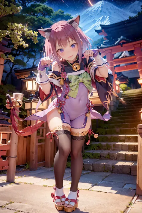 (8k, masterpiece:1.21), (best quality:1.21), {an extremely delicate and beautiful},  (realistic, photo-realistic:1.3),(ultra detailed), high res,HDR, cinematic lighting, highly detailed background, perspective, bokeh, depth of field, ray tracing,
1girl, solo, cute, realistic skin texture, ((light on face)), (focus on face), (sharp focus), (nose blush), (beautiful detailed face:1.2), (blush:1.3), (beautiful perfect eyes), perfect skin,looking at viewer, (young girl:1.3), (small face:1.2), (slim thighs:1.2), (full body), (confident smile:1.331),
<lora:tamaki-000010:0.9>, (tamaki), purple eyes, animal ear fluff, short hair, ((neck bell)), thighhighs, (((japanese clothes))), (geta), black legwear, (detached sleeves), (fingerless gloves), tamaki \(princess connect!\), ((paw pose)),
<lora:bbqi_17-000010:0.6>,
standing, ((multiple huge red toriis in center background)), stairs, statue, ((mid night)), fireworks, flower, sakura, sky lanterns in air, ((beautiful dark night sky))