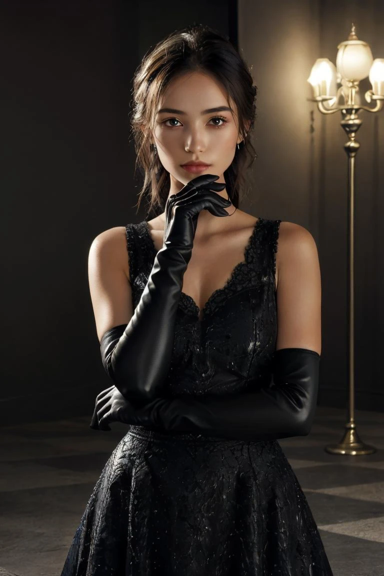 1girl, solo, black hair, gloves, dress, realistic <lora:lace-HXZ:0.7>