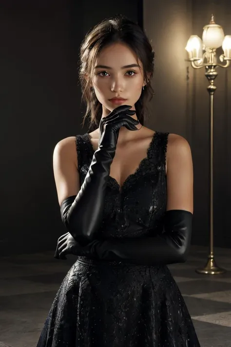 1girl, solo, black hair, gloves,  dress, realistic <lora:lace-HXZ:0.7>