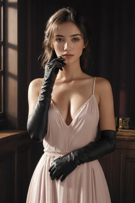 1girl, solo, black hair, gloves,  dress, realistic <lora:lace-HXZ:0.7>cleavage