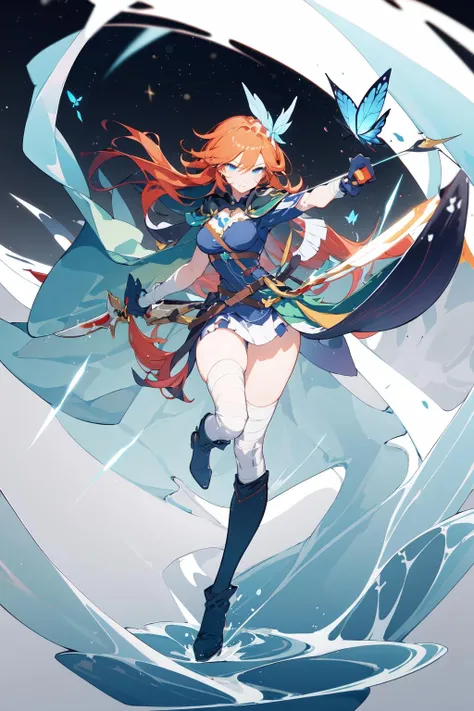 arcana,arcana,Windranger anime style, 1girl, solo, weapon, holding, long hair, bow \(weapon\), holding weapon, butterfly, holding bow \(weapon\), bug, bangs, cape, boots, full body, blue eyes, looking at viewer, breasts, belt, dress, butterfly hair ornament, hair between eyes, short sleeves, multicolored hair, arrow \(projectile\), cosplay, standing on one leg, pointy ears, thighhighs, standing, shirt, bandages
<lora:Windranger anime style_20230912210456-000018:0.8>