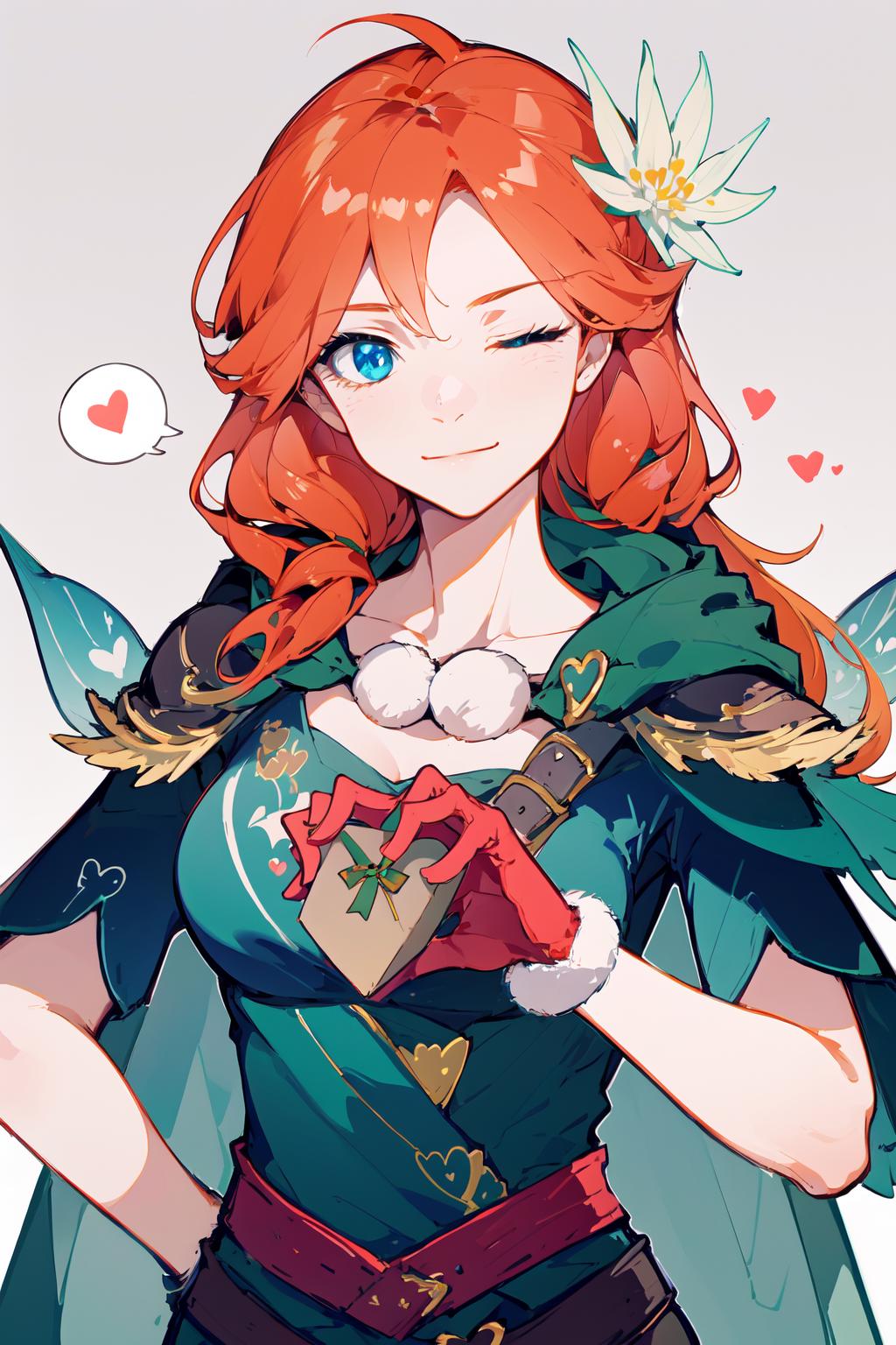A woman with red hair and a green cape holding a book - SeaArt AI