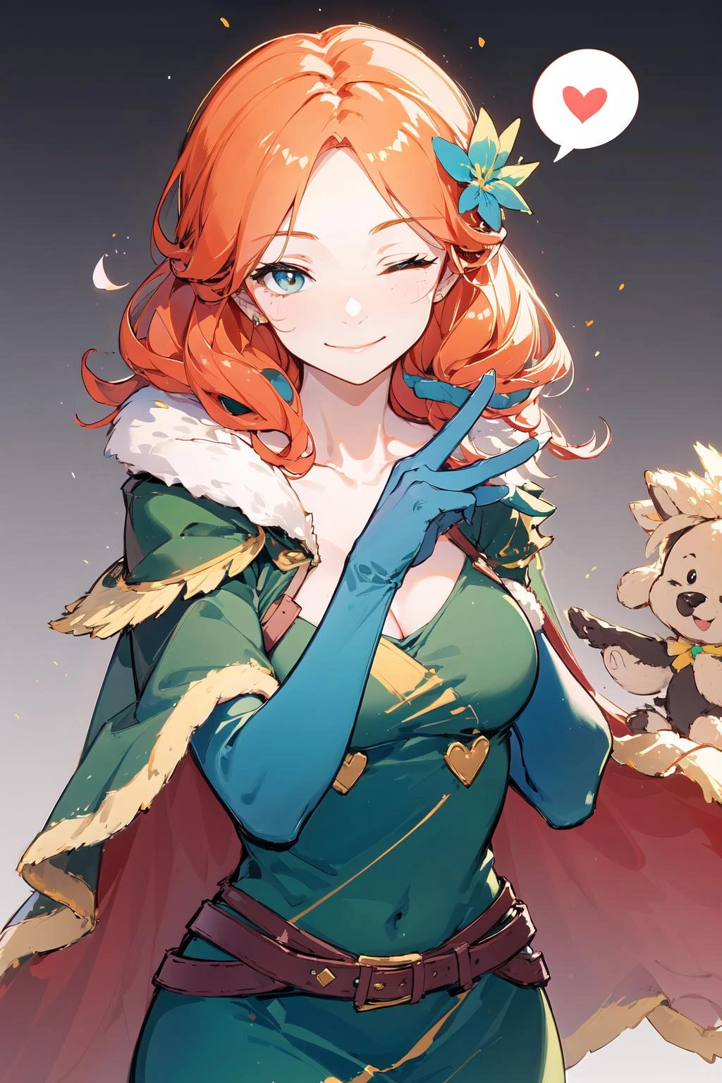 arcana,arcana,Windranger anime style, 1girl, one eye closed, solo, gloves, flower, cape, heart, smile, spoken heart, long hair, dress, fur trim, holding, simple background, breasts, grey background, collarbone, upper body, looking at viewer, official alternate costume, red gloves, belt, gift, christmas, closed mouth,blue cloth,
<lora:Windranger anime style_20230912210456-000018:0.8>
