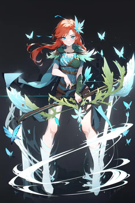 -arcana,arcana,Windranger anime style, solo, bow \(weapon\), weapon, 1girl, simple background, flower, long hair, butterfly, bug, blue eyes, arrow \(projectile\), no humans, full body<lora:Windranger:1>