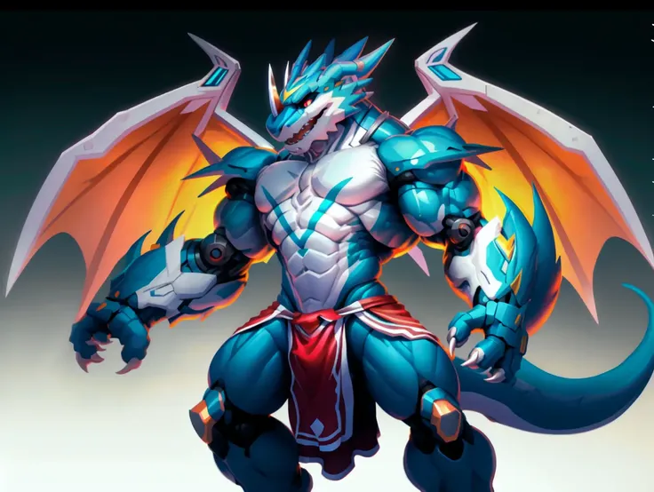 exveemon, ((lineart)), ((long loincloth,mecha,mecha \(mjstyle\))), red eyes, anthro, scalie, featureless crotch, claws, blue skin, simple background, membranous wings, muscular, horns, tail, blue body, muscular solo, nintendo, membrane (anatomy), toe claws, pokemon (creature), pokemon, hi res, white claws, wings, pokemon (species), standing, closed mouth, solo,<lora:exveemon2-000018:1:character>, <lora:mechaMjstyle_v10:0.8>
BREAK (half body photo:1.6),solo,On the right side,(8k, RAW photo, best quality, masterpiece), (realistic, photo-realistic), 8k wallpaper, masterpiece,Cinematic Lighting, best quality,dramatic angle,pwide shot,(from side:1.05) 1mecha (mjstyle), (robot:1.5), no humans,huge mecha, science fiction,white background,no humans, white,fighting stance, (porcelain (materials):1.6), (metal(materials):1.4)
