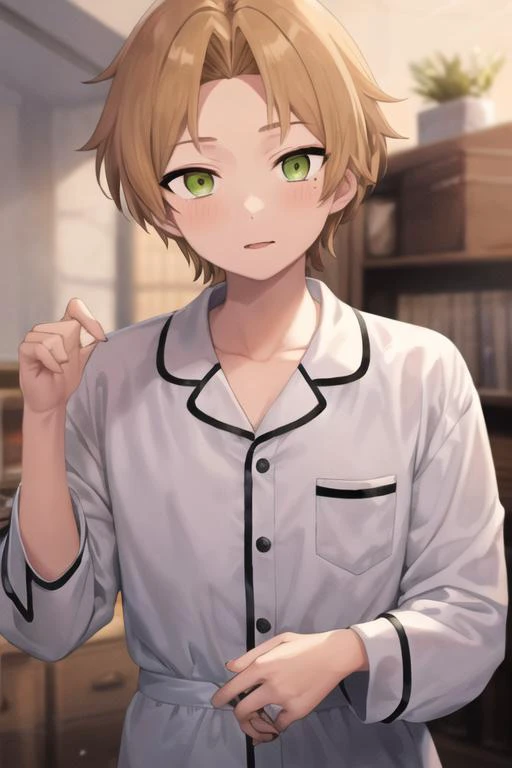 masterpiece, best quality, high quality, 1boy, solo, male focus, looking at viewer, upper body, <lora:rudeus_greyrat:0.78>, rudeus_greyrat, , pajamas