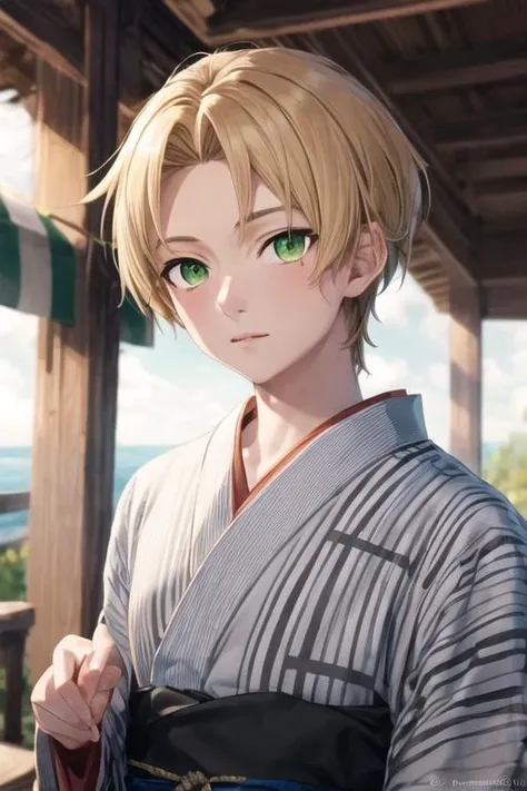 masterpiece, best quality, high quality, 1boy, solo, male focus, looking at viewer, upper body, <lora:rudeus_greyrat:0.78>, rudeus_greyrat, green eyes, blonde hair, yukata