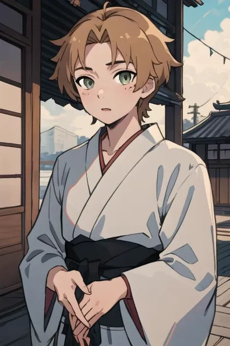 masterpiece, best quality, high quality, 1boy, solo, male focus, looking at viewer, upper body, <lora:rudeus_greyrat:0.74>, rudeus_greyrat, , yukata