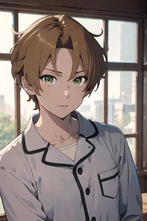 masterpiece, best quality, high quality, 1boy, solo, male focus, looking at viewer, upper body, <lora:rudeus_greyrat:0.72>, rudeus_greyrat, , pajamas