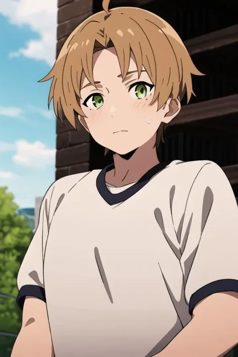 masterpiece, best quality, high quality, 1boy, solo, male focus, looking at viewer, upper body, <lora:rudeus_greyrat:0.72>, rudeus_greyrat, , gym uniform