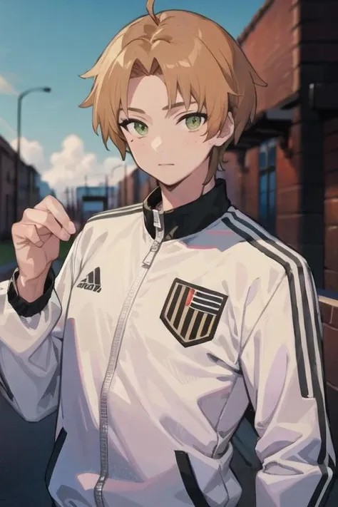 masterpiece, best quality, high quality, 1boy, solo, male focus, looking at viewer, upper body, <lora:rudeus_greyrat:0.72>, rudeus_greyrat, , track suit