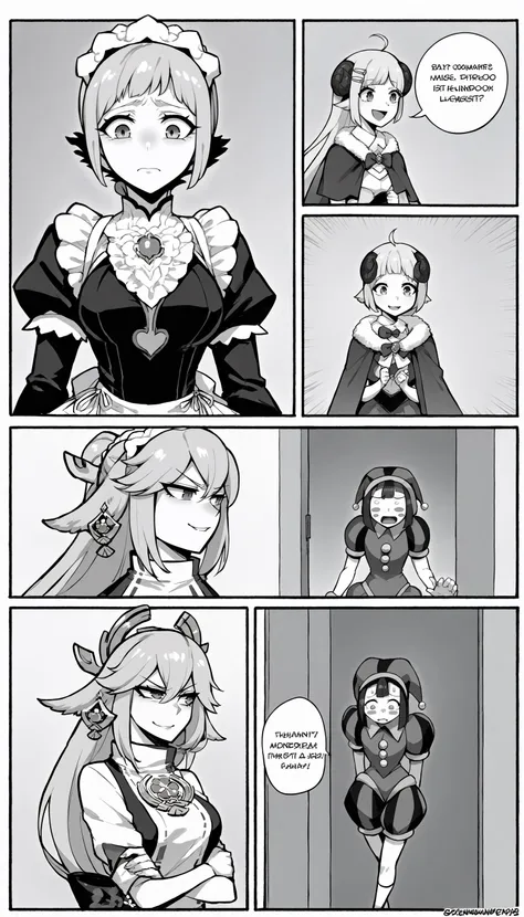 score_9, score_8_up, score_7_up, source_anime, solo, monochrome, lineart, manga, speech bubble, talking, comic, 4koma, 4girls, split, 
BREAK feliciadef, ponytail, maid headdress, brooch, maid apron, bridal gauntlets <lora:felicia-fe-richy-v1_xl:1>, sad, worried,
BREAK yae miko, smirk, evil smile, looking to the side, from side, crossed arms, upper body, 
BREAK <lora:CHAR-TsunomakiWatamePonyXL:1>, WatameBase, very long hair, ahoge, hairclip, fur-trimmed dress, short dress, bowtie, detached sleeves, pouch, fur-trimmed cape, cape, happy, open mouth, 
BREAK <lora:digitalcircus_pomni_ponyXL:1> pomni, blush stickers, sweat, scared, screaming, running, jester cap, striped clothes, puffy short sleeves, gloves, puffy shorts, hallway, motion lines