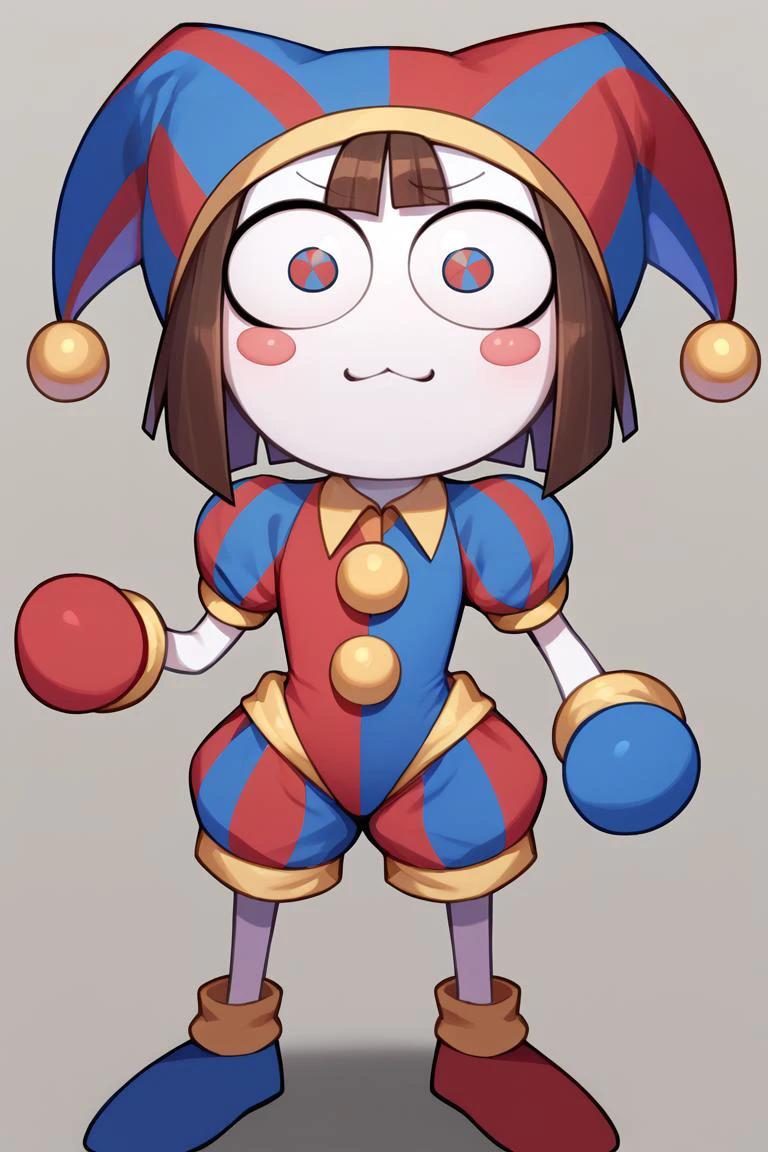 score_9, score_8_up, score_7_up, BREAK , 1girl, solo, <lora:necoarc-guy-PONY-v1:0.95> necoarc, slit pupils, cat ears, chibi, :3, <lora:digitalcircus_pomni_ponyXL:0.9> pomni, colored skin, blush stickers, jester cap, striped clothes, puffy short sleeves, mismatched gloves, puffy shorts