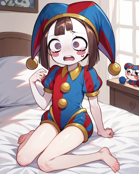 score_9, score_8, score_7, source_anime,
1 girl,short_torso,child, solo focus, short_torso,flat chest, solo,
bedroom, onbed,barefoot,
by pomni, colored skin, blush stickers
jester cap, striped clothes, puffy short sleeves, puffy shorts
open mouth wavy mouth ,crying,
, <lora:head:1> <lora:digitalcircus_pomni_ponyXL:1>