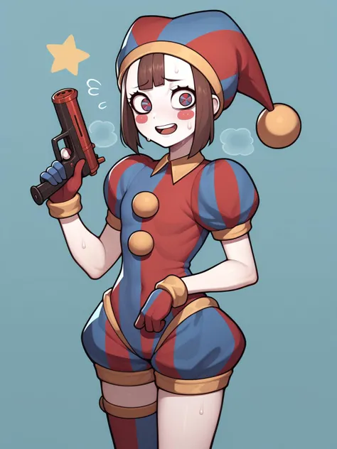 score_9, score_8_up, score_7_up, score_6_up, score_5_up, score_4_up, (derpibooru_p_95), source_cartoon, solo, 1girl, pomni, colored skin, blush stickers, sweat, happy, holding gatling gun, jester cap, striped clothes, puffy short sleeves, mismatched gloves, puffy shorts <lora:character_digitalcircus_pomni_PDXL:1>