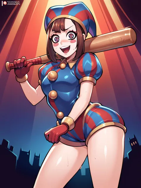 score_9, score_8_up, score_7_up, score_6_up, score_5_up, score_4_up, (derpibooru_p_95), source_cartoon, solo, 1girl, pomni, colored skin, blush stickers, sweat, happy, holding red baseball bat, jester cap, sexy one leg up, striped clothes, puffy short sleeves, mismatched gloves, puffy shorts, explode background <lora:character_digitalcircus_pomni_PDXL:1>