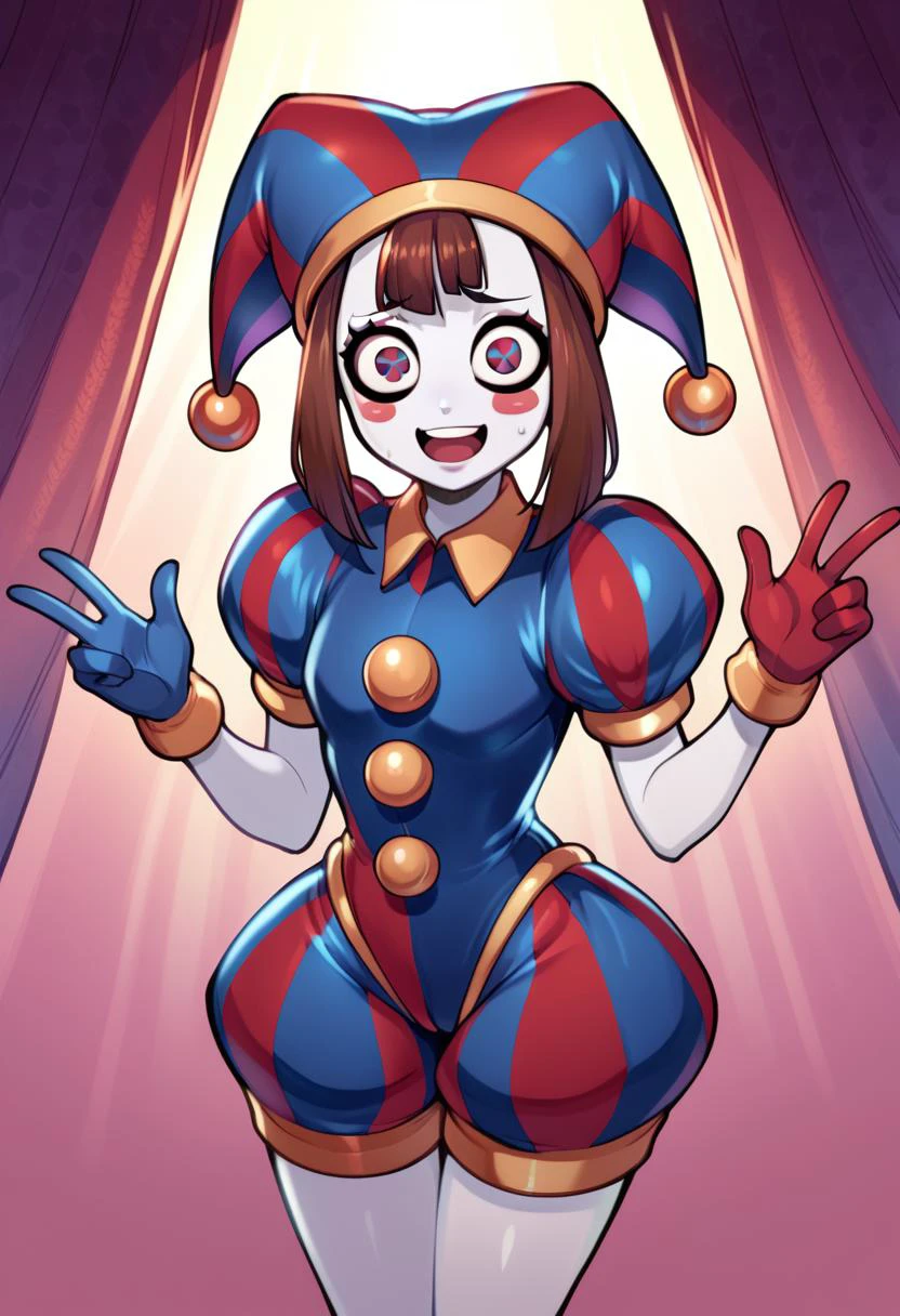 score_9, score_8_up, score_7_up, score_6_up, score_5_up, score_4_up, (derpibooru_p_95), source_cartoon, solo, 1girl, pomni, colored skin, blush stickers, sweat, happy, standing, jester cap, striped clothes, puffy short sleeves, mismatched gloves, puffy shorts <lora:character_digitalcircus_pomni_PDXL:1>