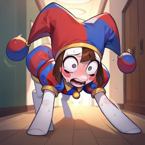 (score_9, score_8_up, score_7_up, score_6_up, score_5_up, score_4_up), (rating_questionable:1.3), feral, female, (pony:1.2), full body, sweater, skirt, knee socks, hallway, full-length mirror <lora:lycoris_meme_pony_v1:0.8> lycoris challenge (meme), upside-down, one arm handstand, covering privates, covering crotch, <lora:Bleedman:0.8> bleedman