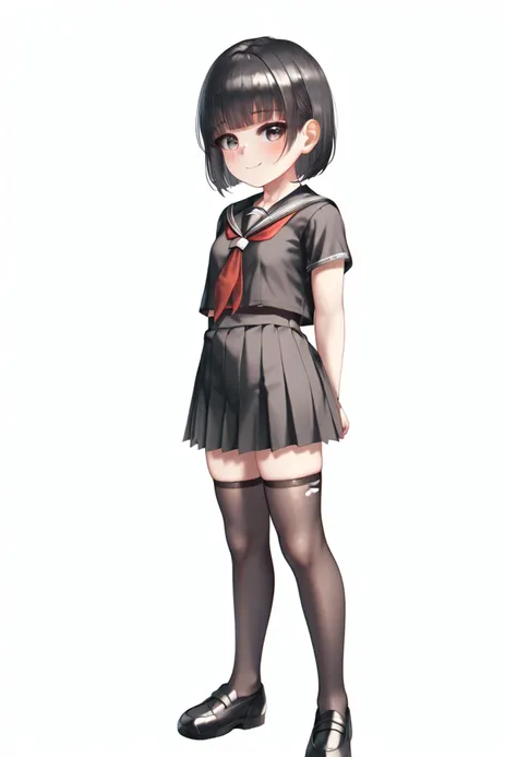 score_9, score_8_up, by kie \(wylee2212\), 1girl, standing, looking at viewer, solo, black hair, bob cut, short hair, sidelocks, blush, smile, black serafuku, thighhighs, simple background, white background,