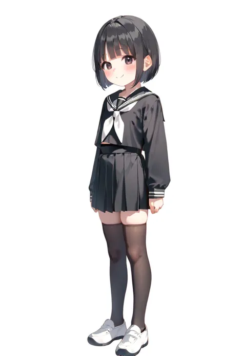score_9, score_8_up, by kontaku, 1girl, standing, looking at viewer, solo, black hair, bob cut, short hair, sidelocks, blush, smile, black serafuku, thighhighs, simple background, white background,