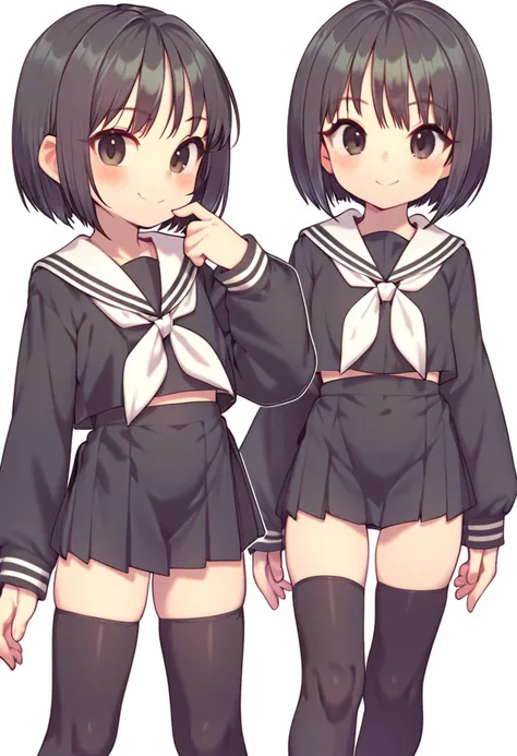 score_9, score_8_up, by everyntrge, 1girl, standing, looking at viewer, solo, black hair, bob cut, short hair, sidelocks, blush, smile, black serafuku, thighhighs, simple background, white background,