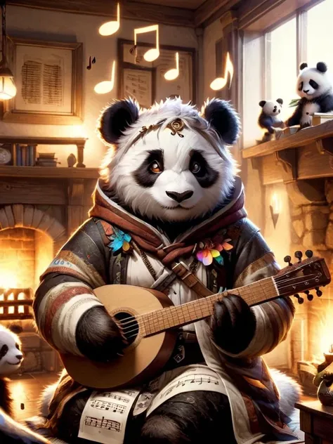 pandaren, pandaren bard, bard outfit, a panda bear playing a guitar in a cozy room, music notes flying, fireplace <lora:pandaren-sdxl:1>