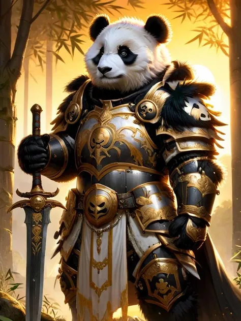 pandaren, pandaren paladin, paladin outfit, a panda bear dressed in armor holding a sword, gold and black steel armor, heavy armor, sun backdrop, sun setting, holding a sword, holding a shield <lora:pandaren-sdxl:0.9>