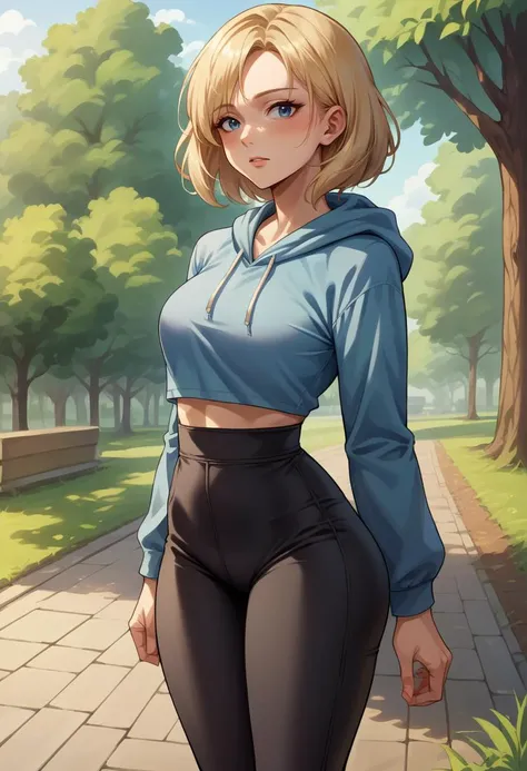 best quality, masterpiece, small breasts, smile, sweatshirt, short leggings, outdoors, anime style, grass field, daytime, blue sky, blue eyes, detailed eyes, medium hair, blonde hair, loose hair, bangs, ass, open legs, lying down,