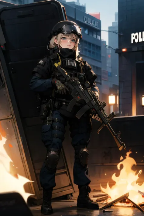 1girl,solo,outdoors,cityscape,open fire,<lora:0299 New York City Police Department_v1:1>,ruanyi0299,belt,boots,bulletproof vest,police uniform,shield,holding gun,holding shield,helmet,(full body:1.2),h&k mp5,, best quality,masterpiece,highres,official art,extremely detailed cg unity 8k wallpaper