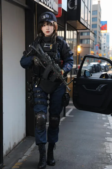 1girl,solo,outdoors,cityscape,<lora:0299 New York City Police Department_v1:0.9>,ruanyi0299,baseball cap,belt,boots,bulletproof vest,police uniform,holding weapon,(full body:1.2),h&k mp5,, best quality,masterpiece,highres,official art,extremely detailed cg unity 8k wallpaper