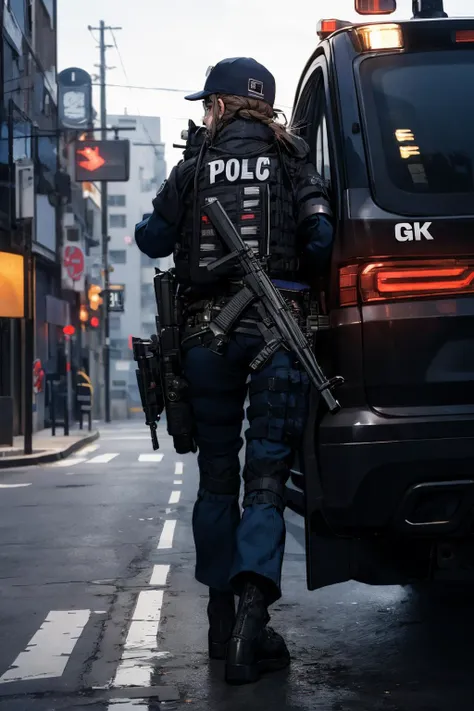 1girl,solo,outdoors,cityscape,<lora:0299 New York City Police Department_v1:0.9>,ruanyi0299,baseball cap,belt,boots,bulletproof vest,police uniform,holding weapon,(full body:1.2),h&k mp5,(from behind:1.1),, best quality,masterpiece,highres,official art,extremely detailed cg unity 8k wallpaper