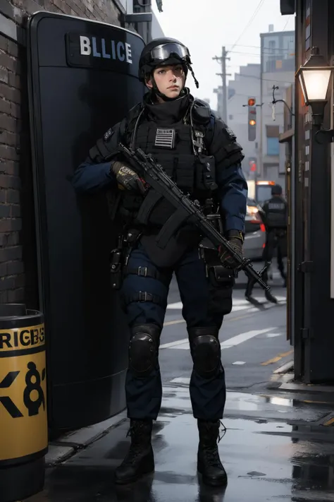 solo,outdoors,cityscape,<lora:0299 New York City Police Department_v1:0.9>,ruanyi0299,belt,boots,bulletproof vest,police uniform,shield,holding shield,helmet,(full body:1.2),h&k mp5,1boy,, best quality,masterpiece,highres,official art,extremely detailed cg unity 8k wallpaper