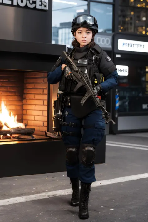 1girl,solo,outdoors,cityscape,open fire,<lora:0299 New York City Police Department_v1:0.9>,ruanyi0299,belt,boots,bulletproof vest,police uniform,holding weapon,helmet,(full body:1.2),h&k mp5,, best quality,masterpiece,highres,official art,extremely detailed cg unity 8k wallpaper