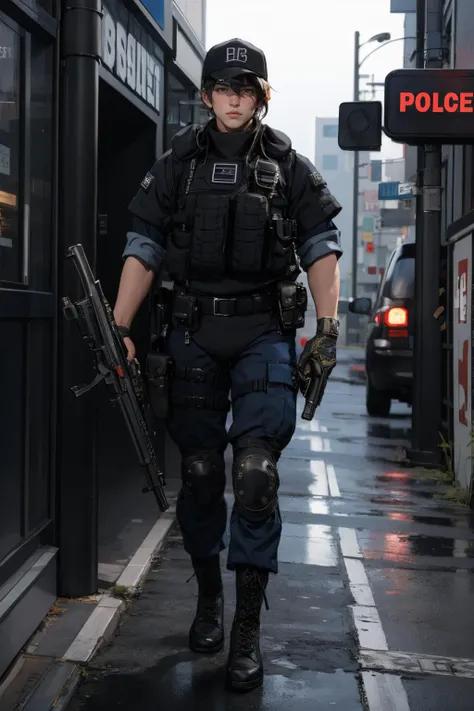 solo,outdoors,cityscape,<lora:0299 New York City Police Department_v1:0.9>,ruanyi0299,baseball cap,belt,boots,bulletproof vest,police uniform,holding weapon,(full body:1.2),h&k mp5,1boy,, best quality,masterpiece,highres,official art,extremely detailed cg unity 8k wallpaper